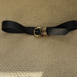 Anthropologie Classic Black Leather Belt with Gold Rounded Buckle size XL